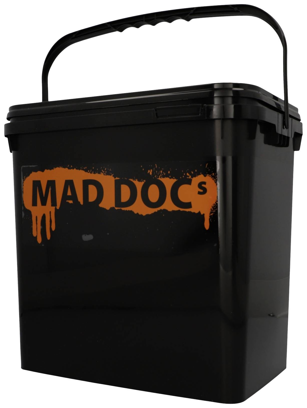 Black bucket with an orange print 'MAD DOCS' and a handle, used for transport or storage.