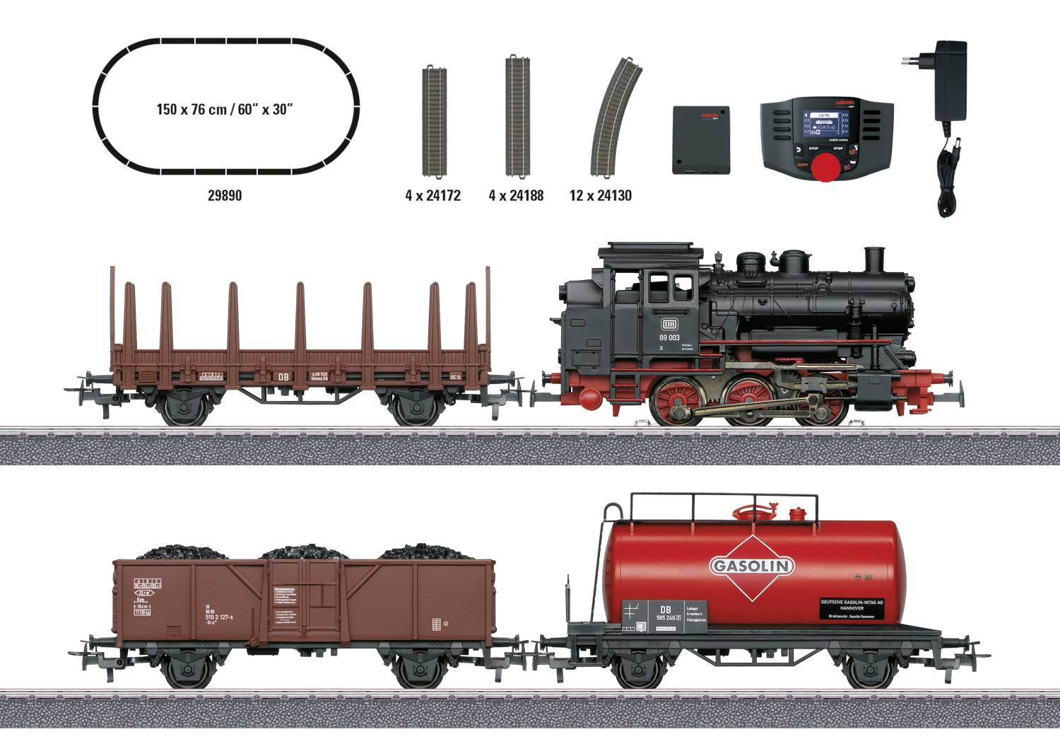 Railway model set with steam locomotive, goods wagons and accessories; includes tracks, control unit and transformer for model building.