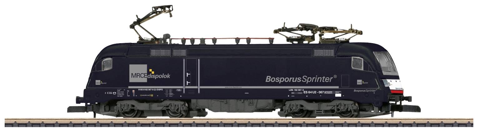 A black locomotive stands on a railway track. It bears the inscription 'BosporusSprinter' and has two pantographs on its roof.