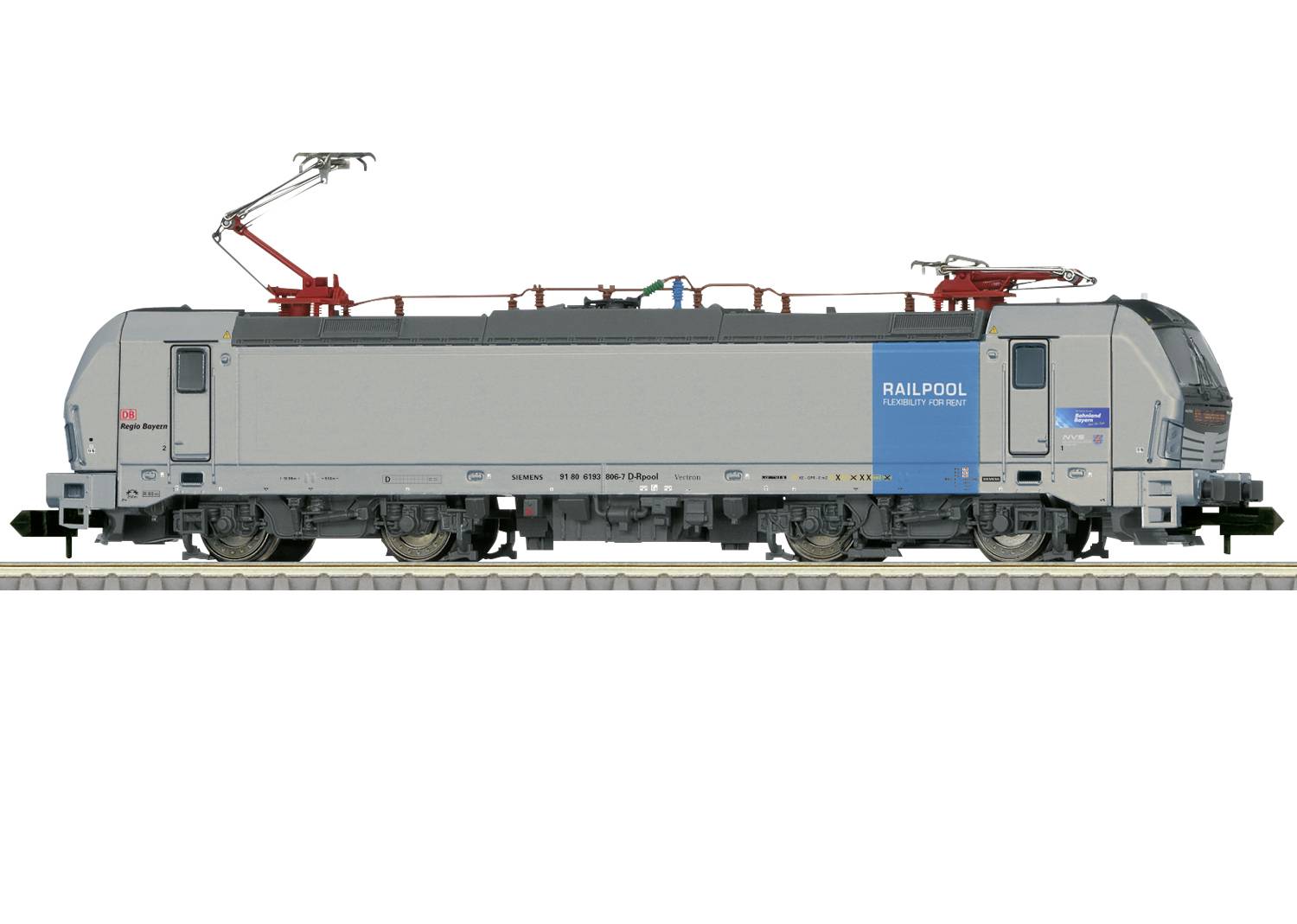 Electric locomotive with Railpool logo on a rail track, grey painted with blue accents, side view.