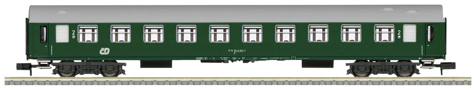 Green railway carriage with 11 windows, standing on a track. The carriage has the number 'Cd' and is for passenger transport.