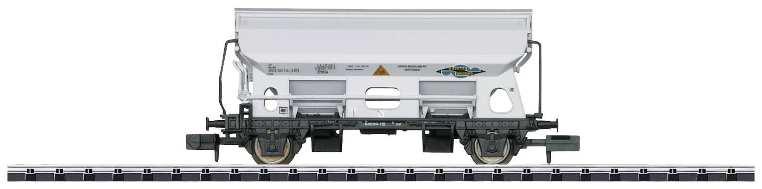 A white goods wagon on rails, side view. The wagon has a large cargo compartment and is suitable for bulk freight transport.