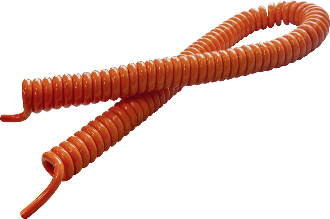 Two orange spiral cables crossing over each other, on a white background.