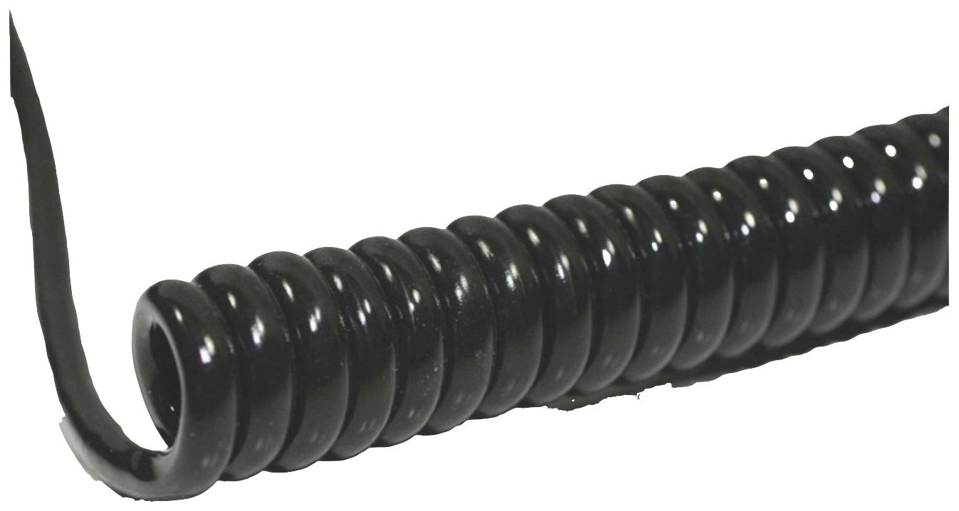 Black spiral cable on a white background, showing tight coils and flexibility, typical of electronic connections.
