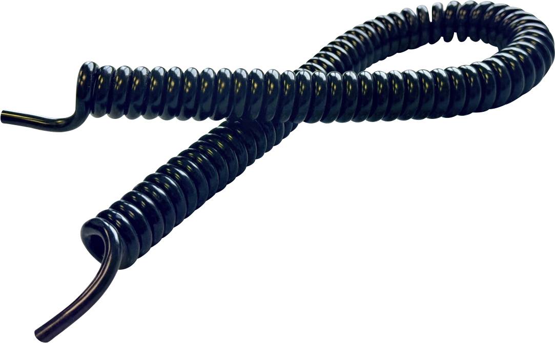 A black, spiral-shaped cable with two open ends, bending into a loop, lies on a white background.
