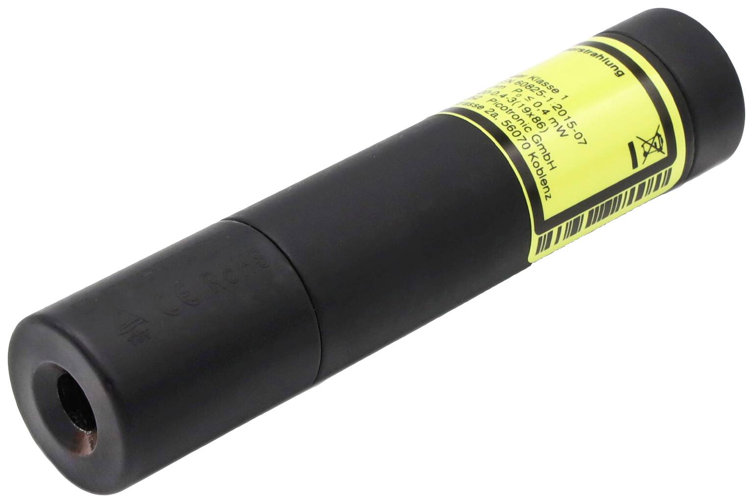 A black cylindrical laser pointer with a yellow warning label. The laser pointer is for optical aids and presentations.Note: The translation is already very close to British English, with only minor adjustments made to ensure natural phrasing.