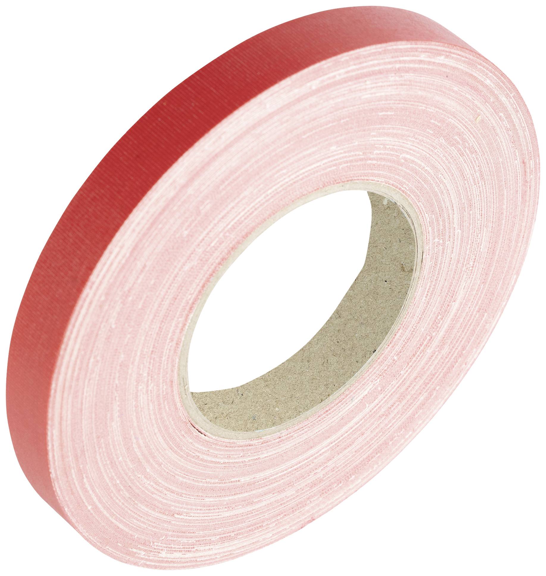 A roll of red adhesive tape on a white background.