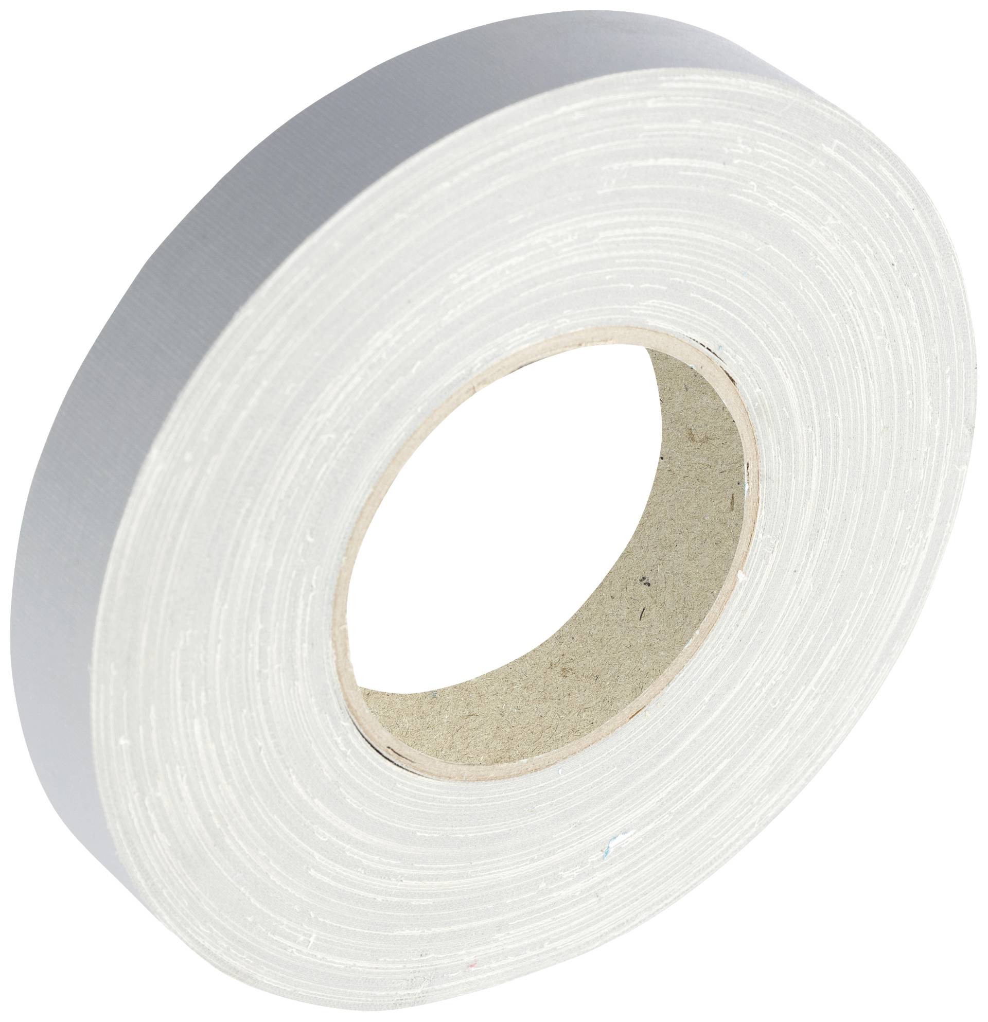 A roll of silver adhesive tape, standing upright, shown from the front.
