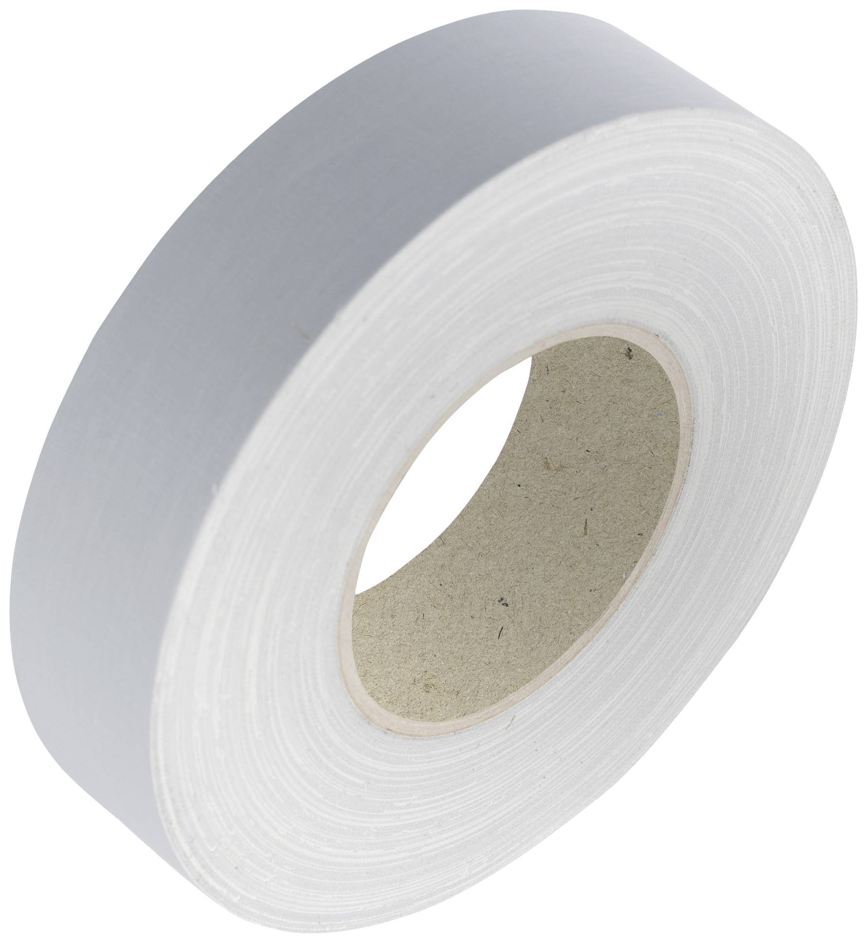 A large roll of white adhesive tape with a cardboard core, lying on its side.