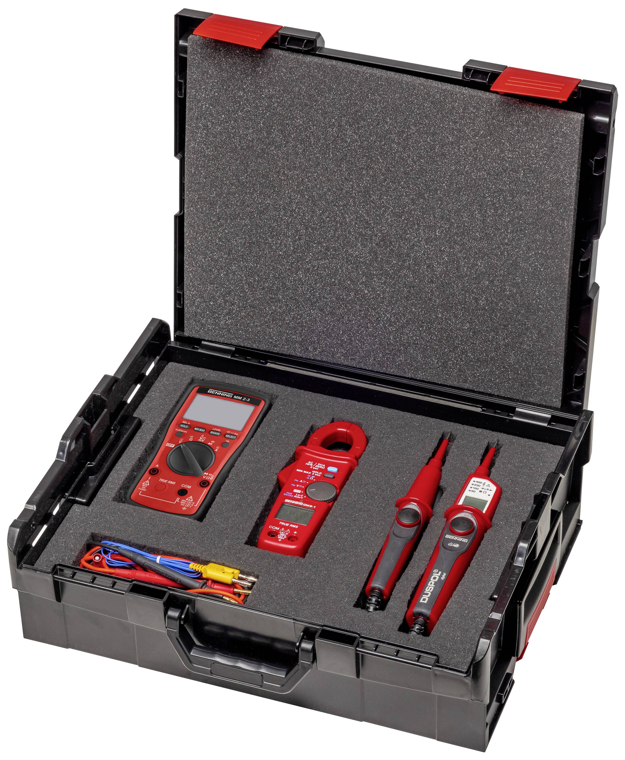 Measuring instrument set in a black carry case with foam insert, comprising a multimeter, current clamp, voltage tester, and cables.