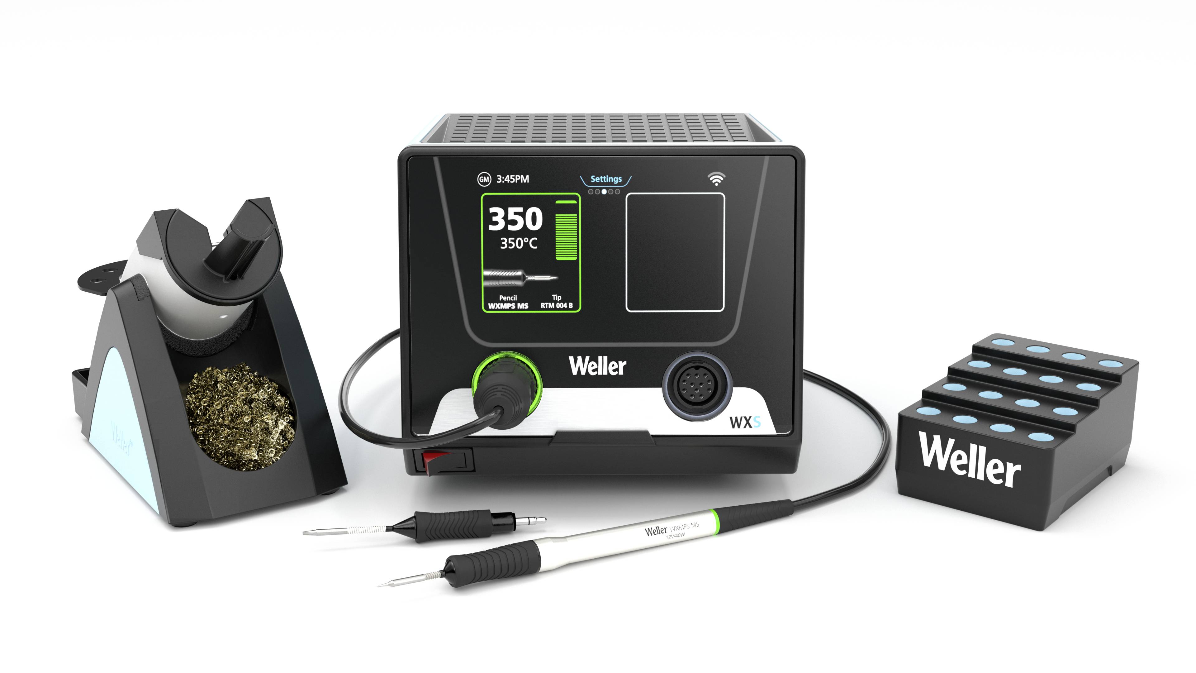 Soldering station with digital display shows '350°C'. Includes soldering iron, cleaning sponge and stand. Brand 'Weller', Model 'WX'.