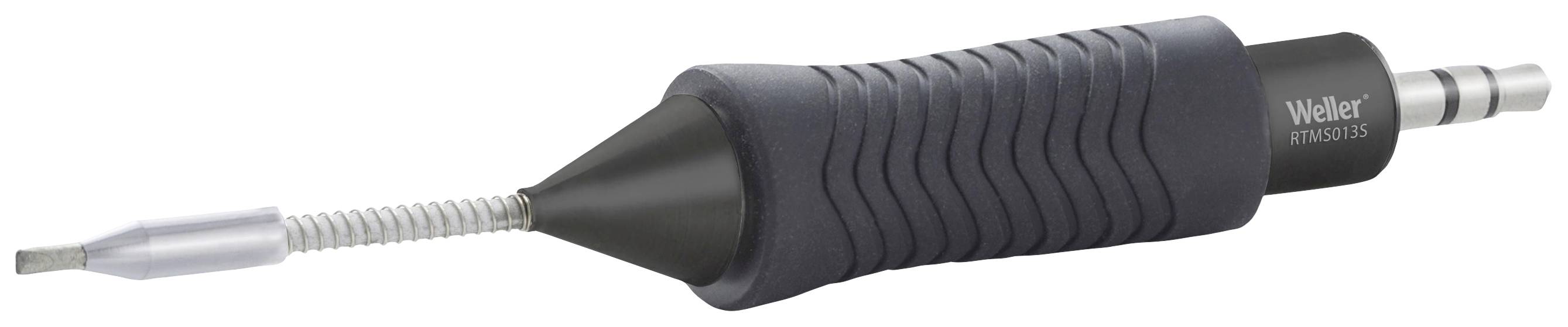 An electric soldering iron with an ergonomic handle and metal tip, suitable for precise soldering work in electronic assembly.