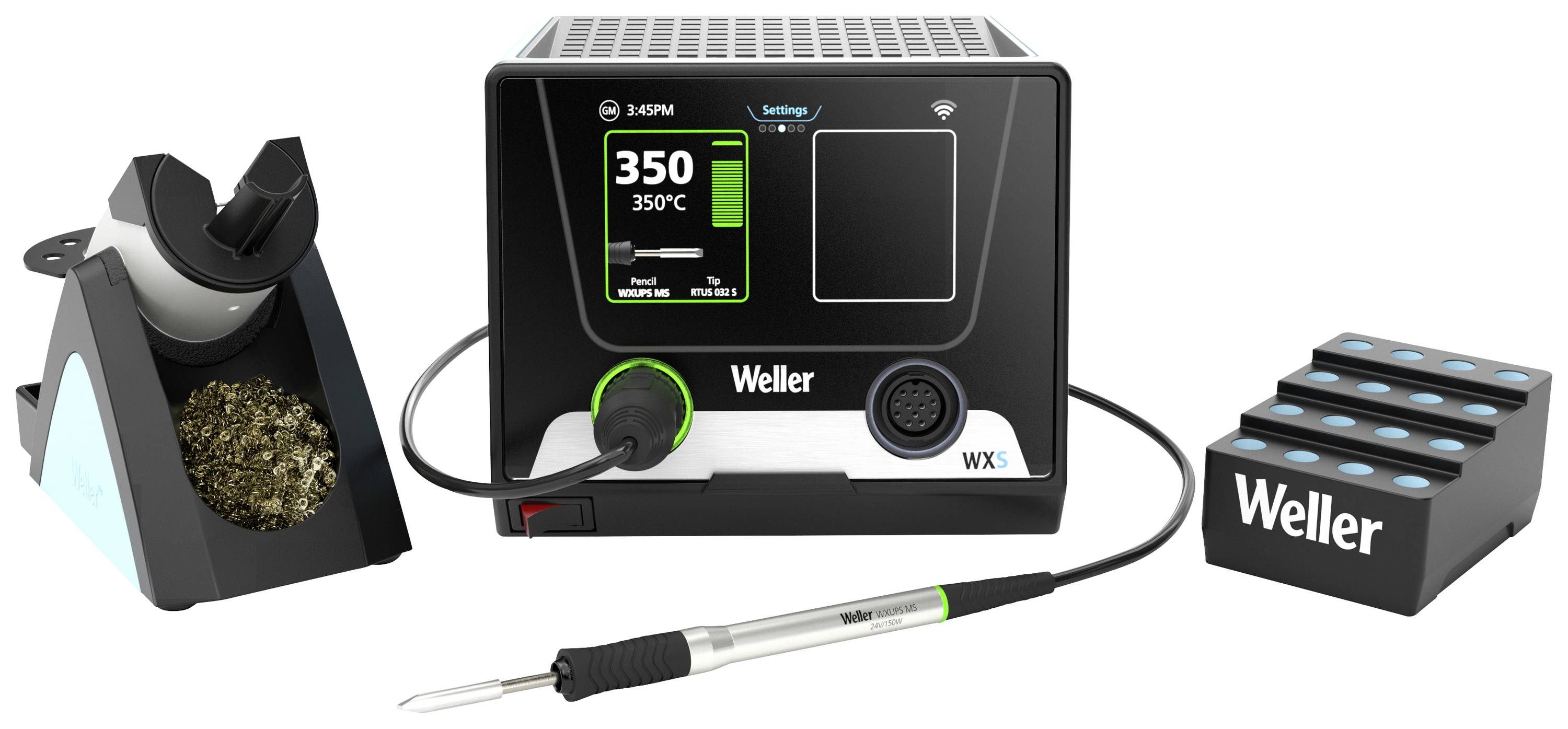 Soldering station with digital display shows '350°C'. A soldering iron is connected. On the left, a holder with solder, on the right a sponge.