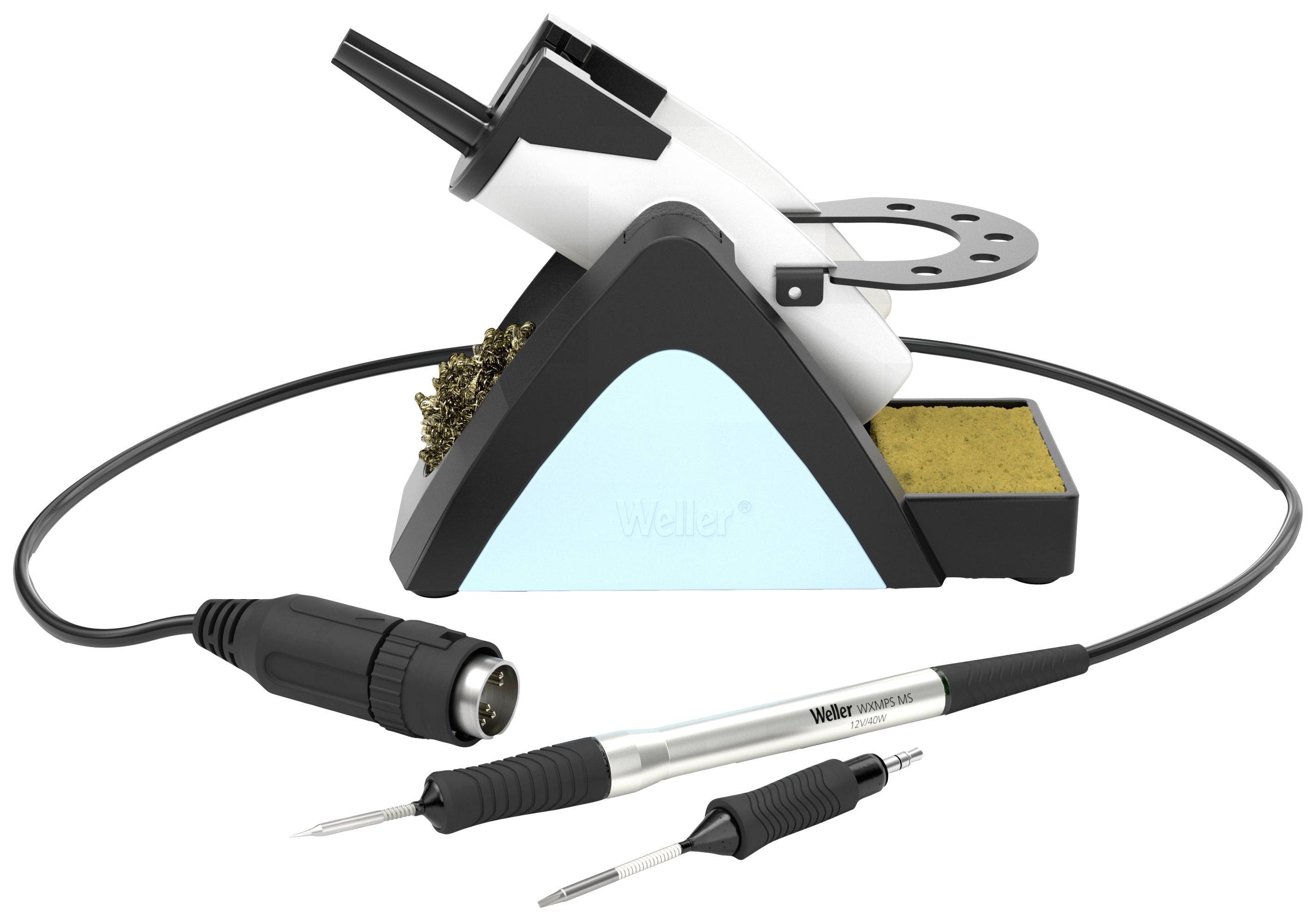 Soldering station with soldering iron and accessories. The station has a holder with a sponge surface and a soldering iron tip with cable.