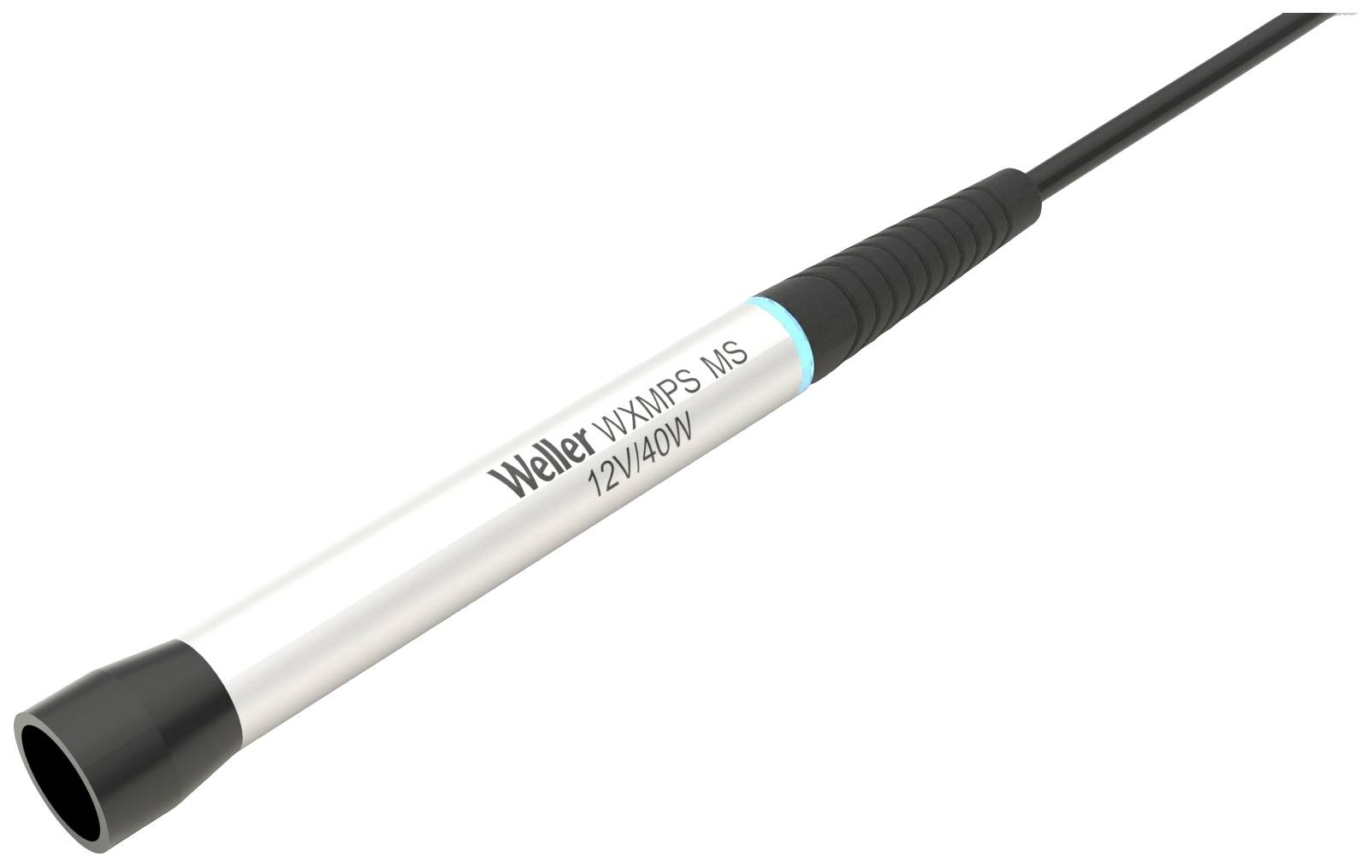 A soldering iron marked 'Weller WXMP MS 12V/40W' is shown. The device has a black handle and a metallic casing.