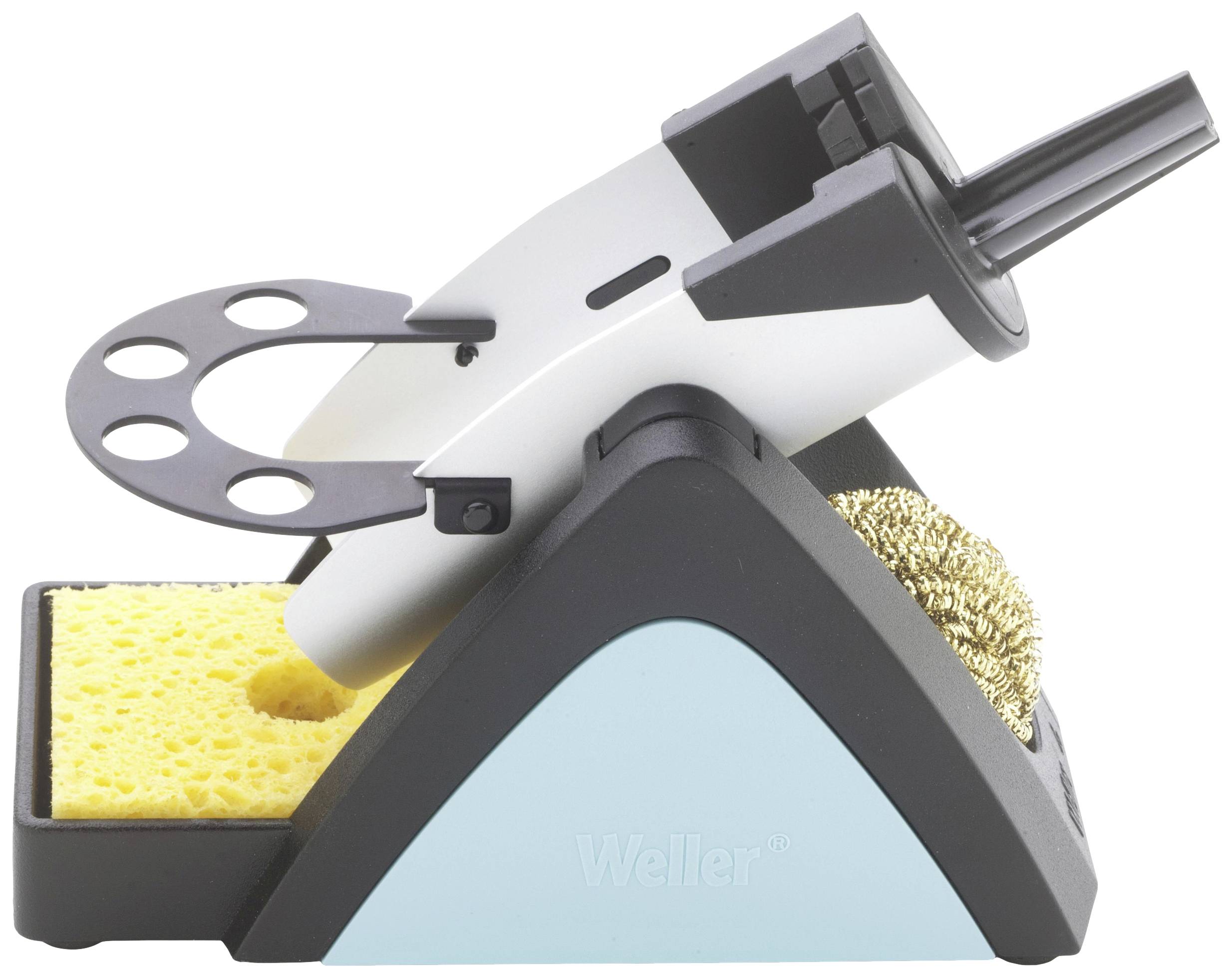 Soldering iron stand with yellow cleaning sponge and metal wool, ideal for safe and clean soldering work.