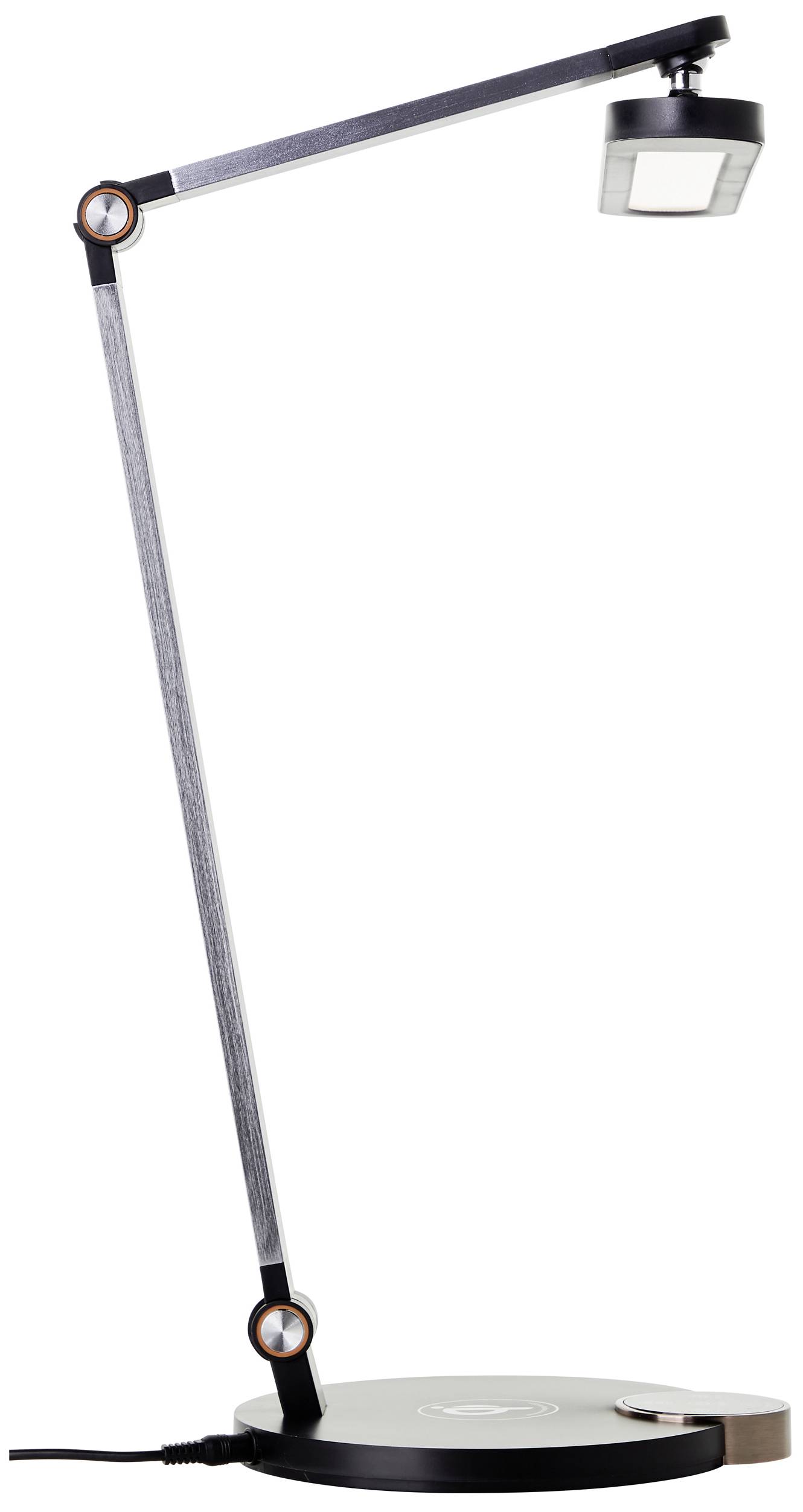 A slender, contemporary desk lamp with an adjustable arm and rectangular lampshade mounted on a round base, suitable for reading or workspace areas.