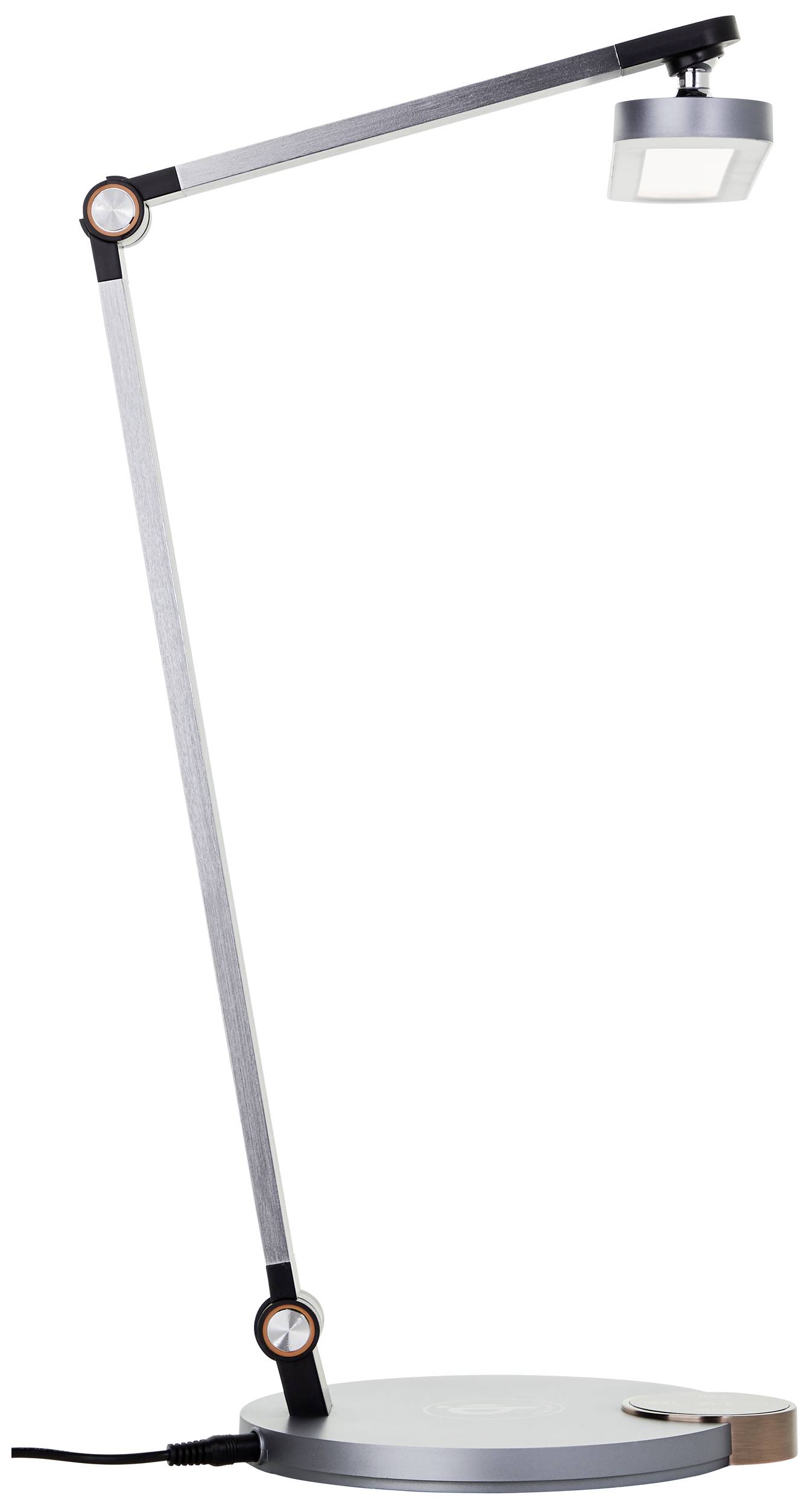 A modern, sleek metal desk lamp with an adjustable arm and round base.