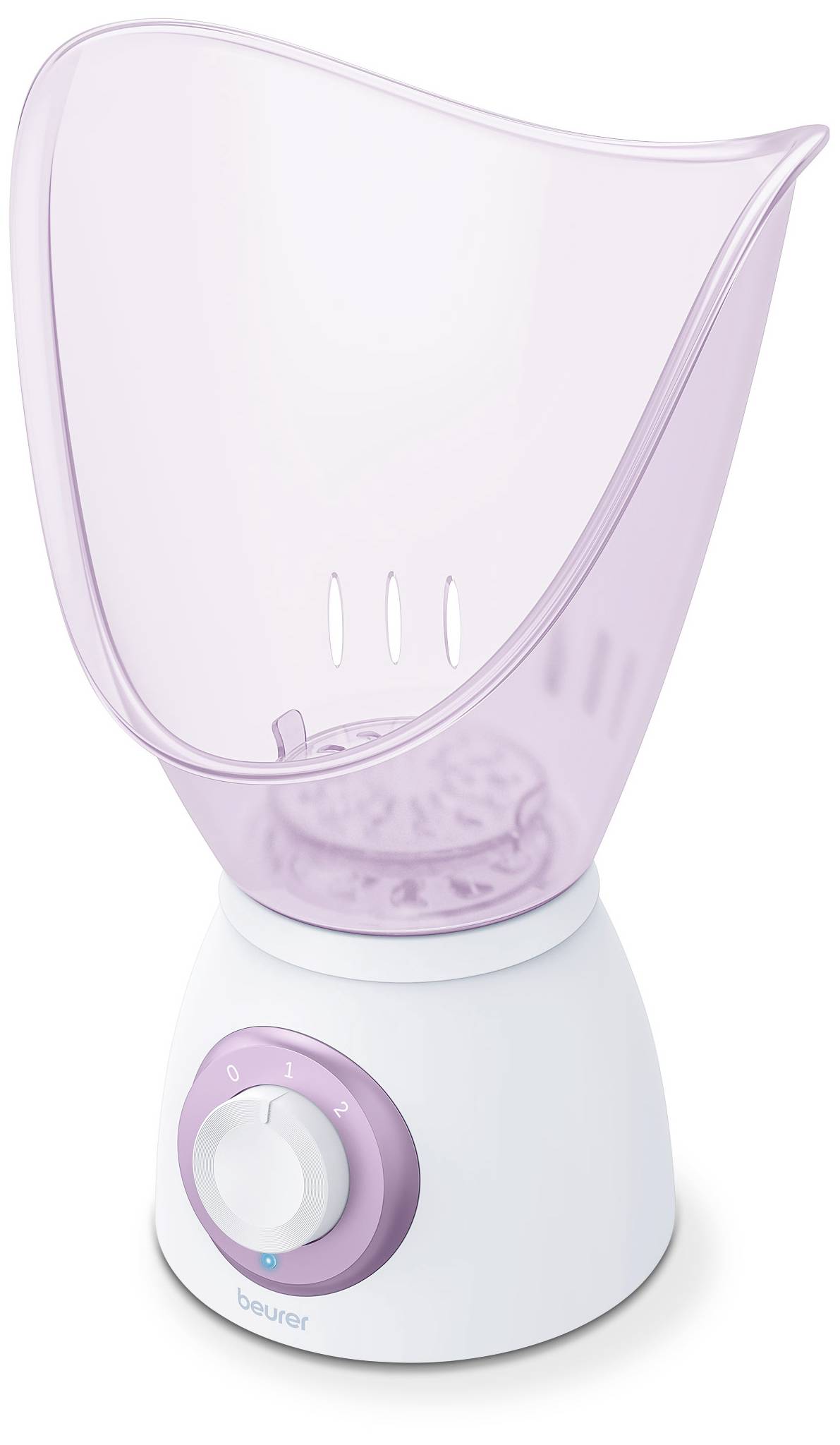 A white and purple electric facial sauna with a rotary dial to adjust steam intensity; brand 'beurer'.