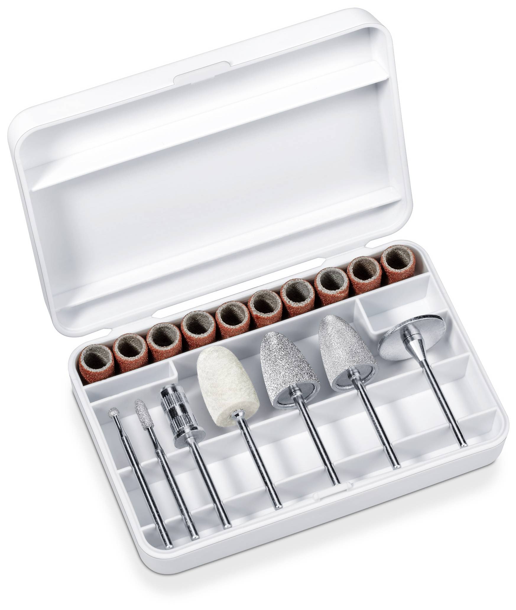 Nail care set in an open white case. Contains various milling tools and attachments arranged in compartments.
