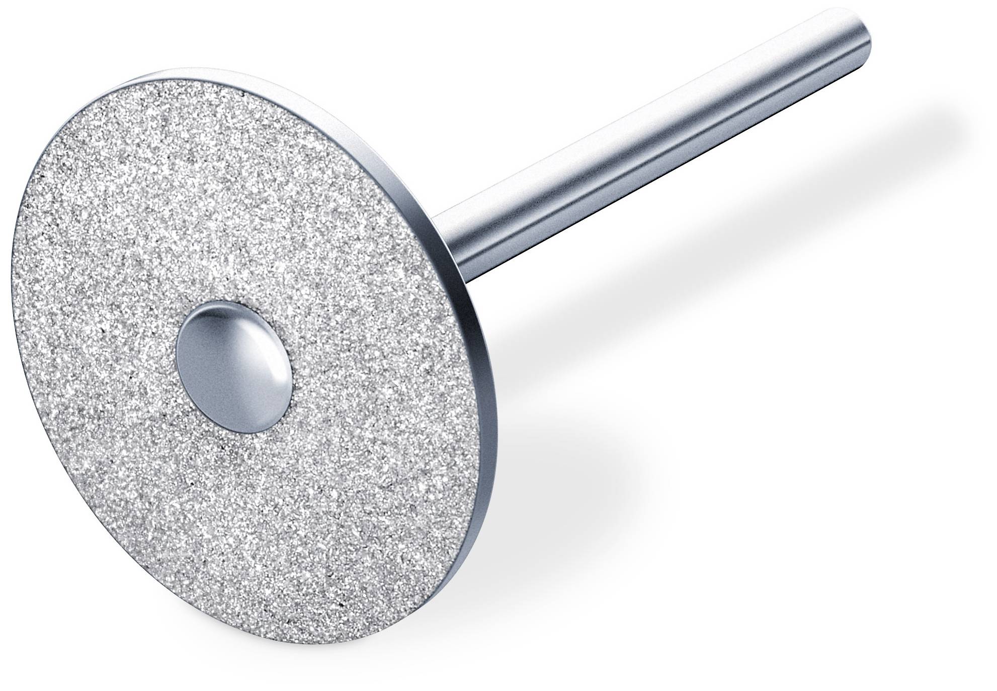 A round, silver Dremel grinding head with a fine grinding coating, attached to a short metal rod.