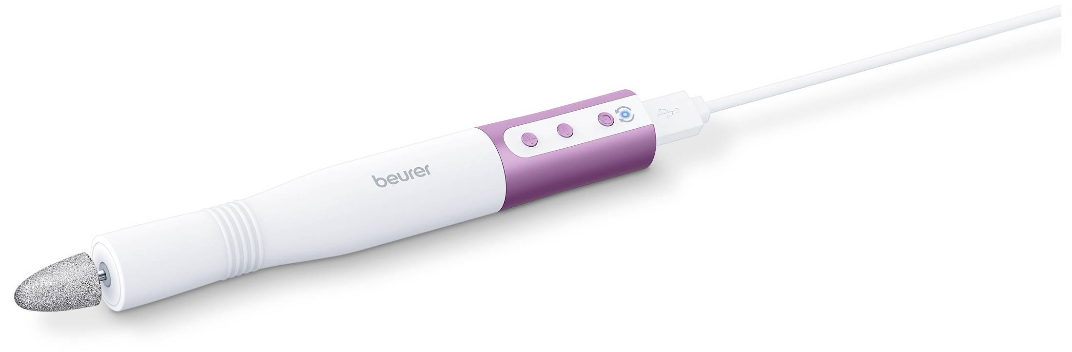 Electric manicure device in white and pink with interchangeable attachments, USB connection and control buttons for nail care.