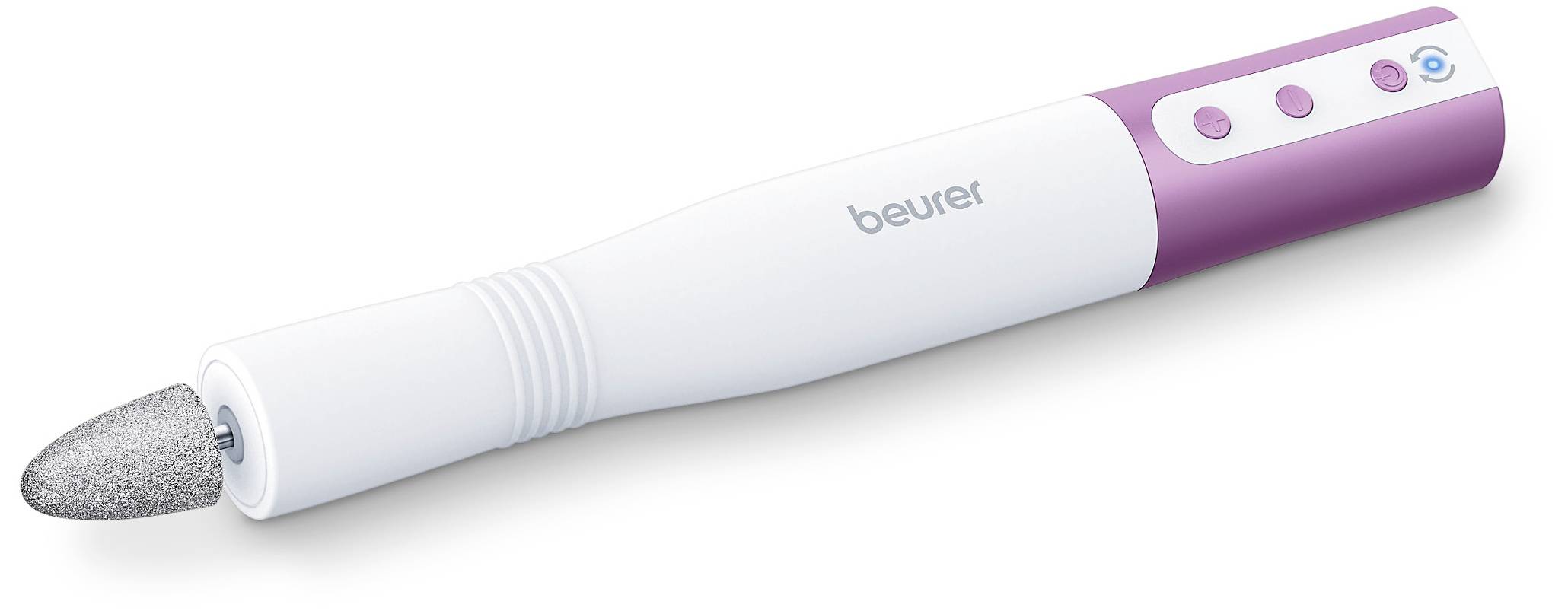 Manicure-Pedicure Pen, purple and white, with sanding attachment; side buttons for control, brand 'beurer'. Ideal for nail care.