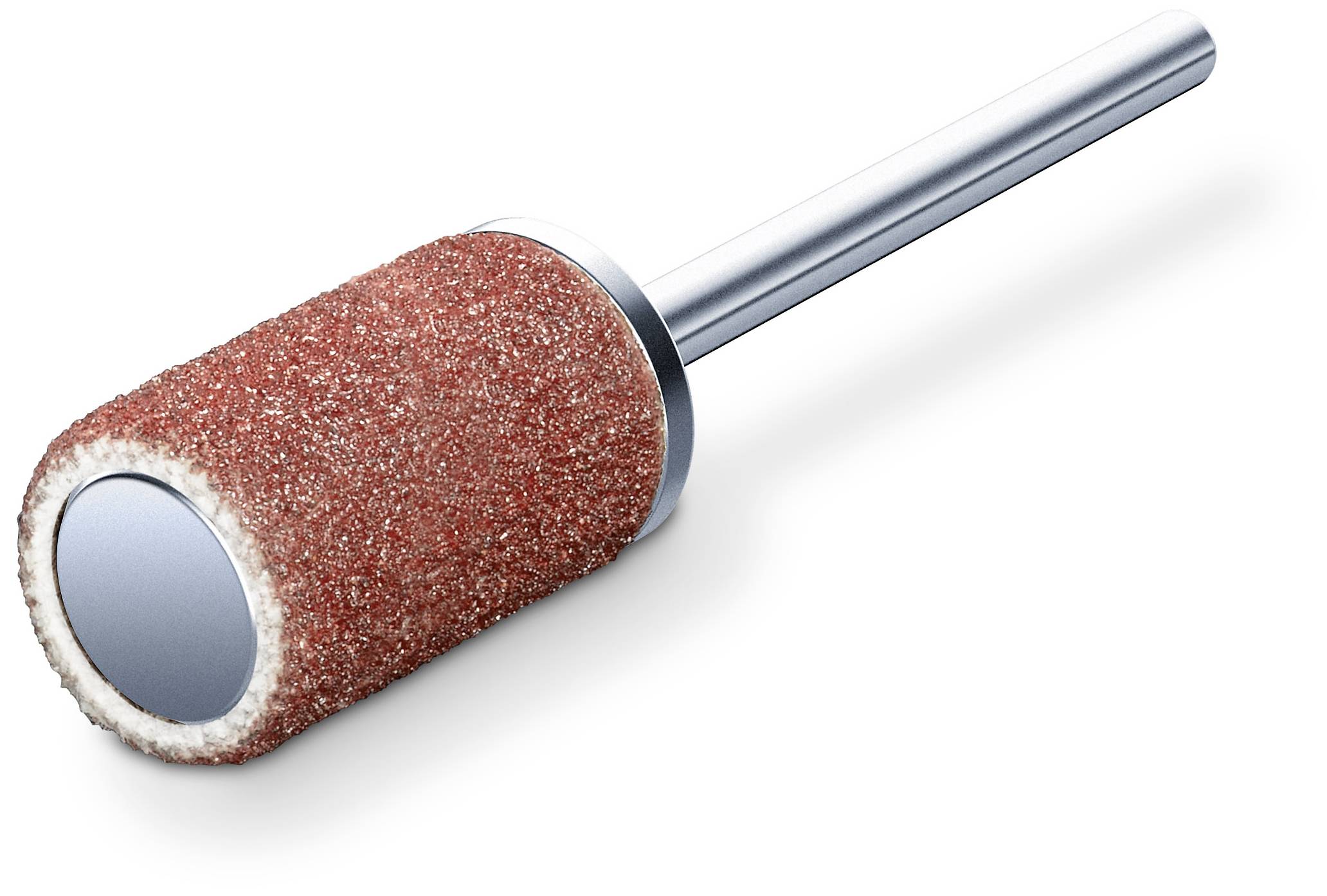 A cylindrical grinding attachment with a metallic shaft and red grinding surface. Suitable for precise grinding work on materials.