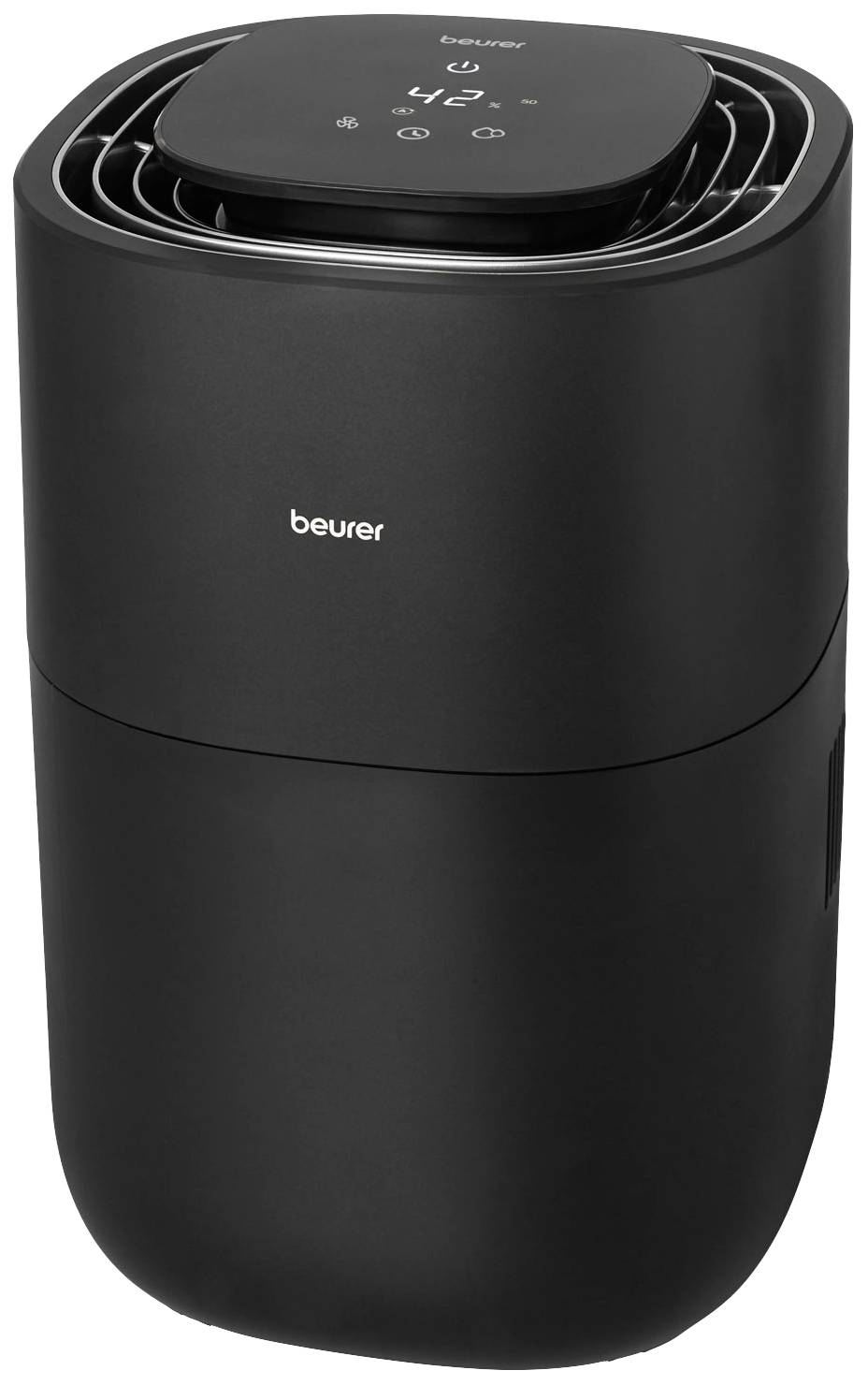 A black air purifier with a digital display on the top, showing temperature and humidity.