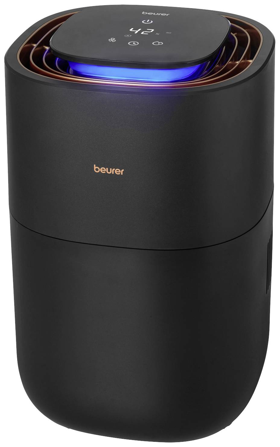 A black air purifier with a blue illuminated display, showing the 'beurer' brand and digital symbols on the top surface.
