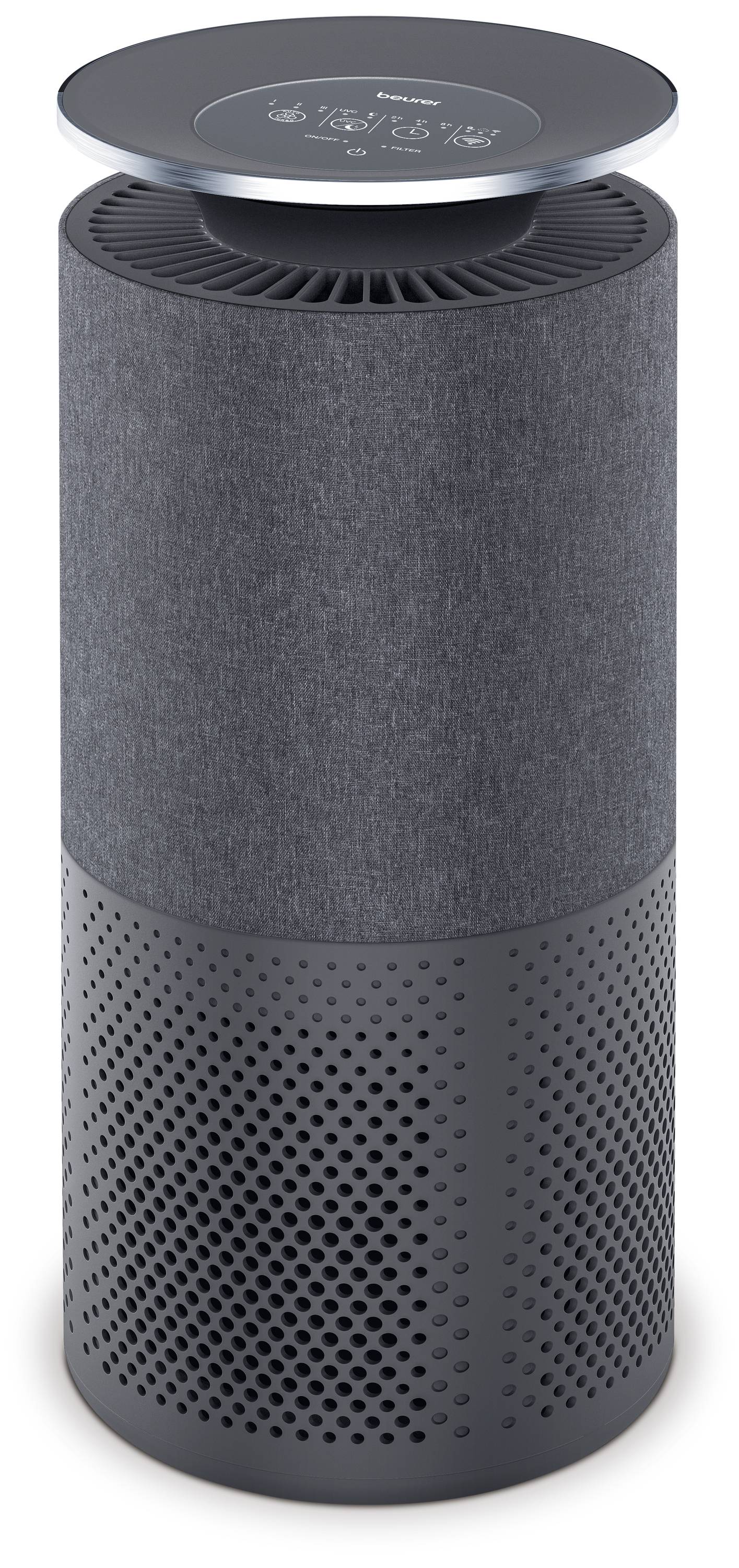 A black, cylindrical air purifier with a digital display on the top shows various symbols and functions.