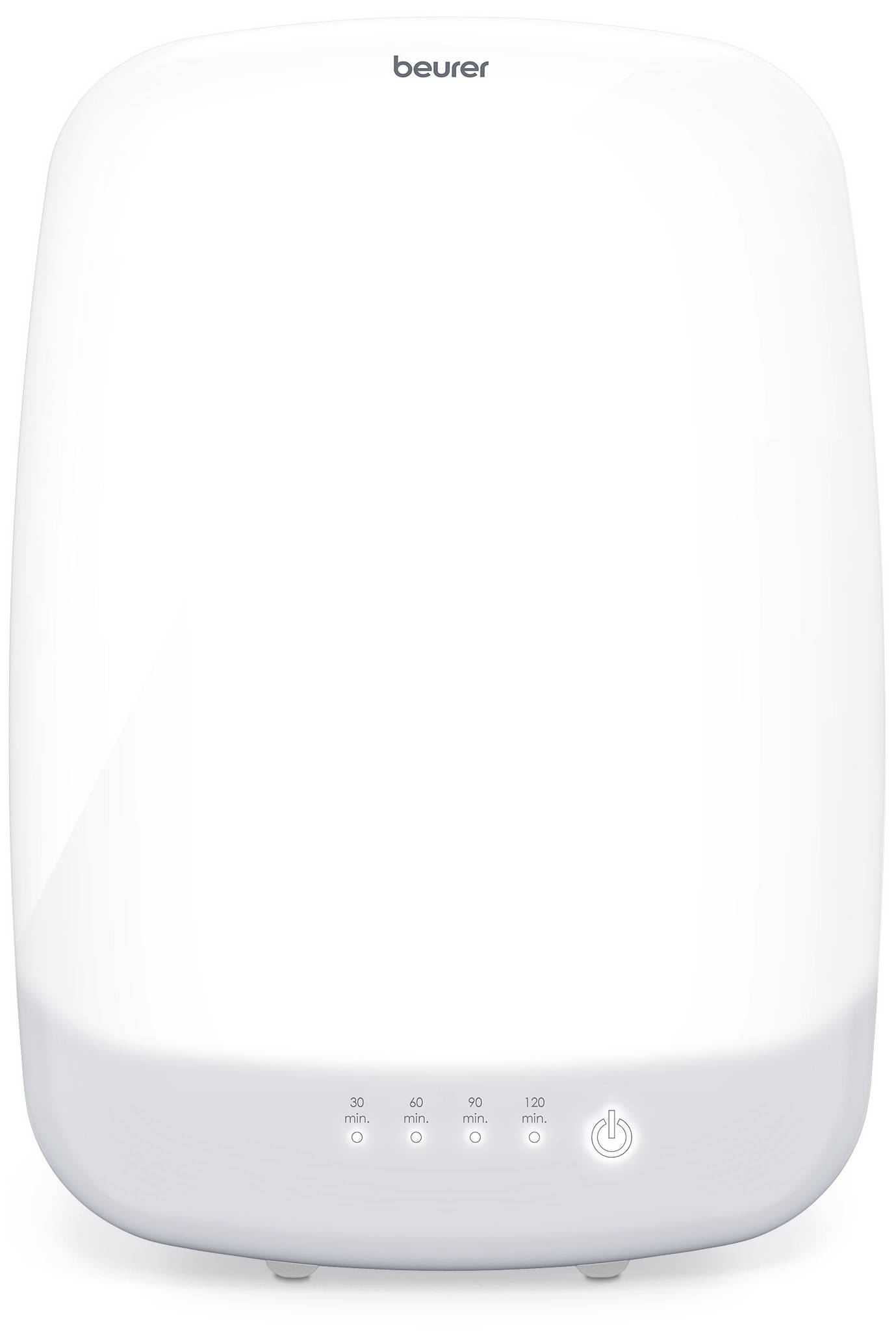 'Beurer' light therapy lamp with illuminated surface and four buttons below, including power on/off switch.