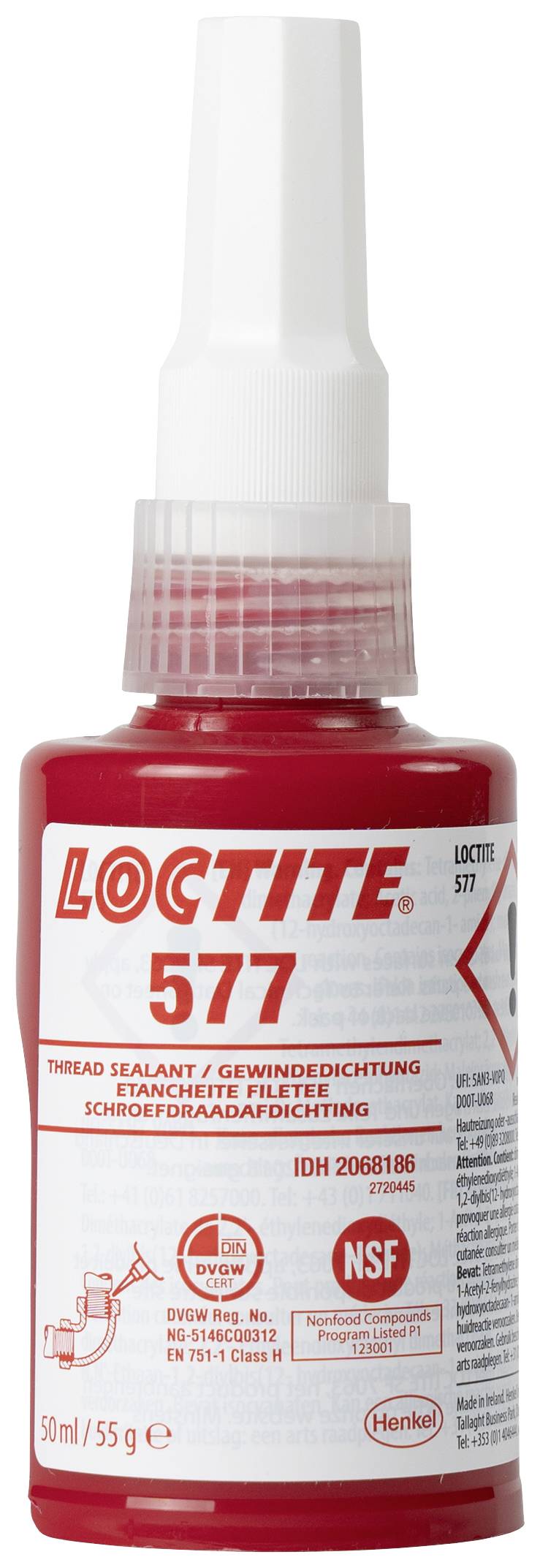 Red bottle with screw cap, labelled 'LOCTITE 577', thread sealant for sealing pipes and fittings, 50 ml capacity.