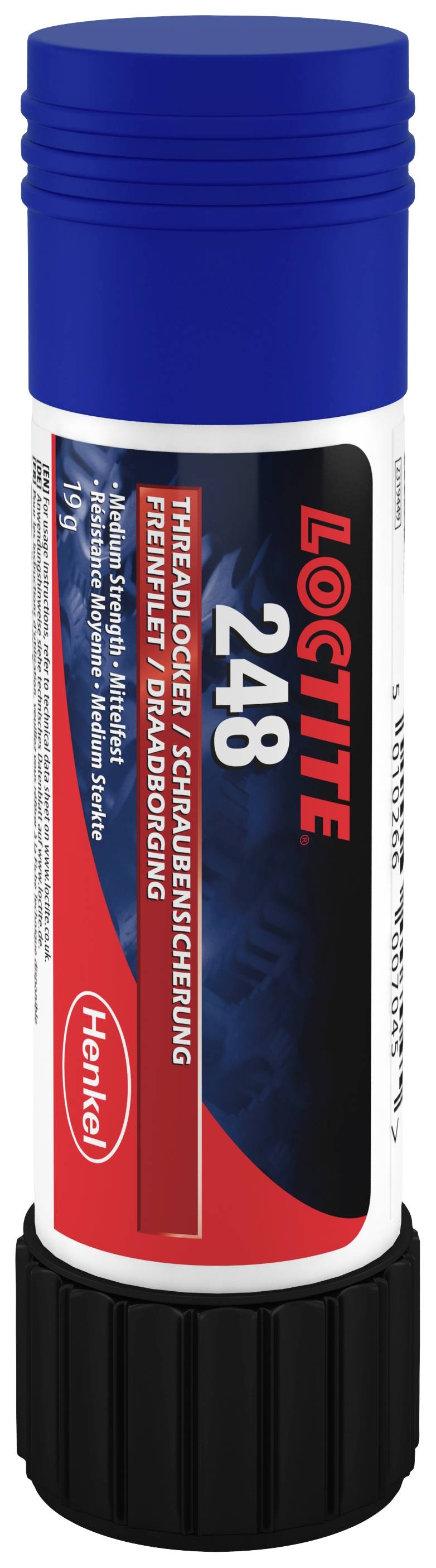 A tube of Loctite 248 thread-locking compound in stick form, with a blue and black casing featuring red and white labelling.