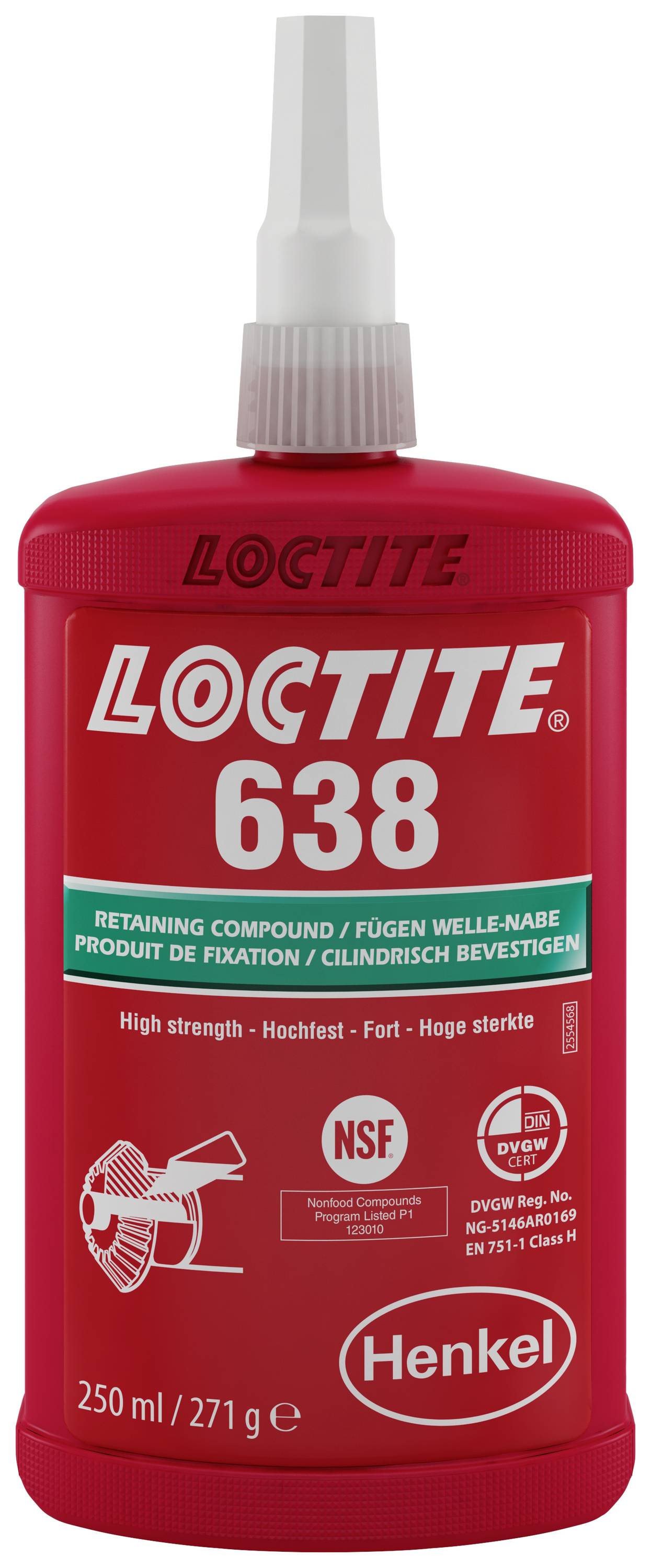 'Loctite 638' bottle, 250 ml, red label, for high-strength bonding of metal parts such as shaft and hub connections.