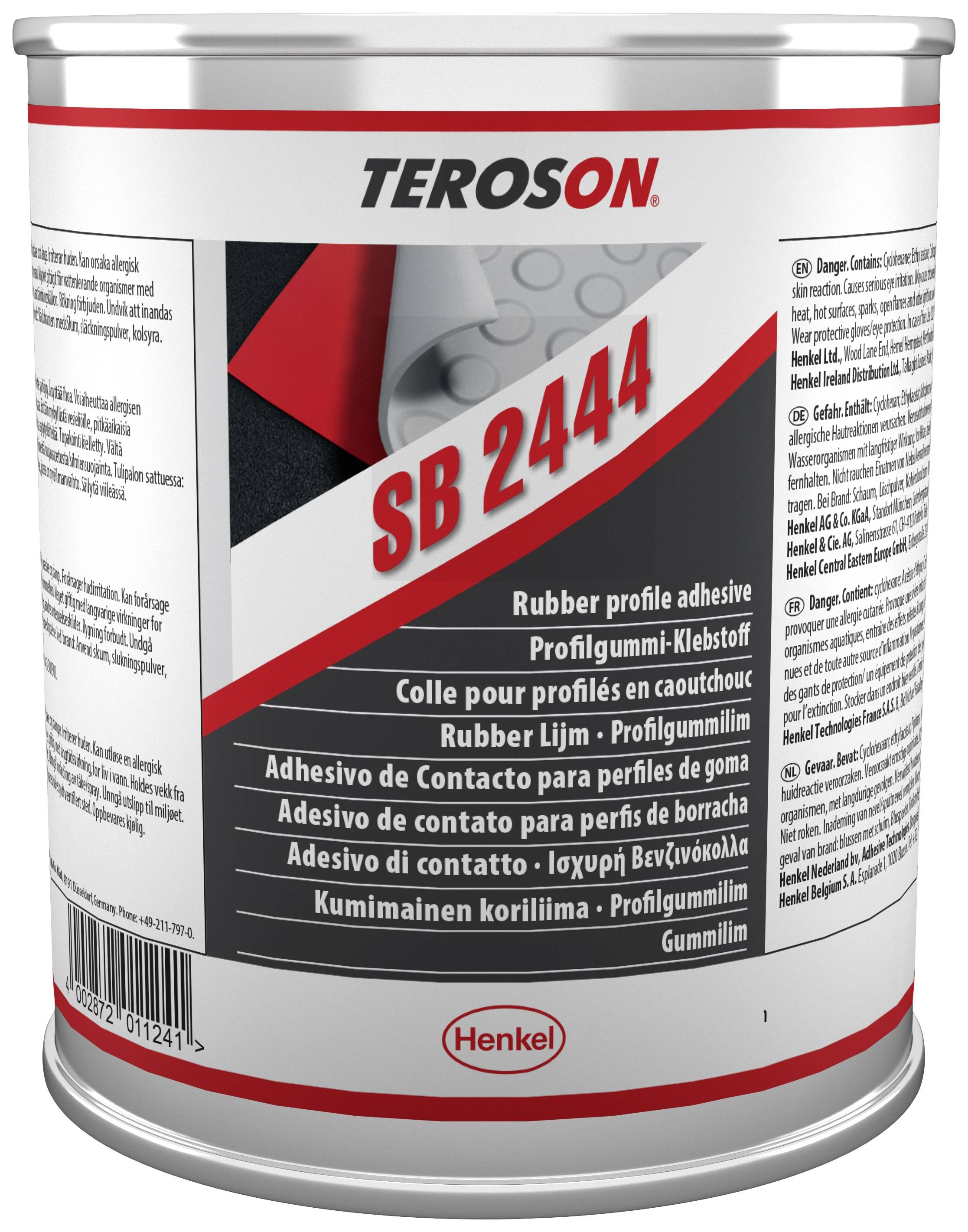 Adhesive tin with the inscription 'TEROSON SB 2444'. Contains details on product usage as a rubber adhesive and safety information.