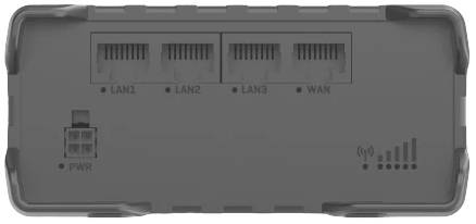 Back of a router with ports for LAN1, LAN2, LAN3, WAN and a power connection (PWR). The Wi-Fi signal strength symbol is located on the right.