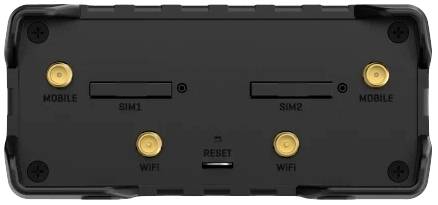 Rear view of a device with two SIM card slots (SIM1, SIM2) and four ports: two 'MOBILE', two 'WIFI', 'RESET' button in the centre.