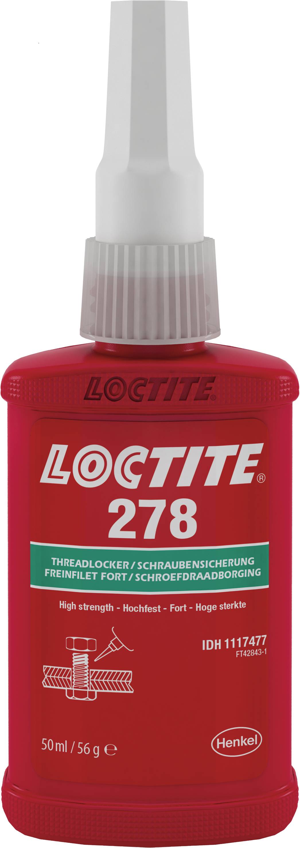 Red Loctite 278 bottle with applicator. Contains 50 ml. Text 'Thread locking compound, high strength'. Henkel company logo visible.