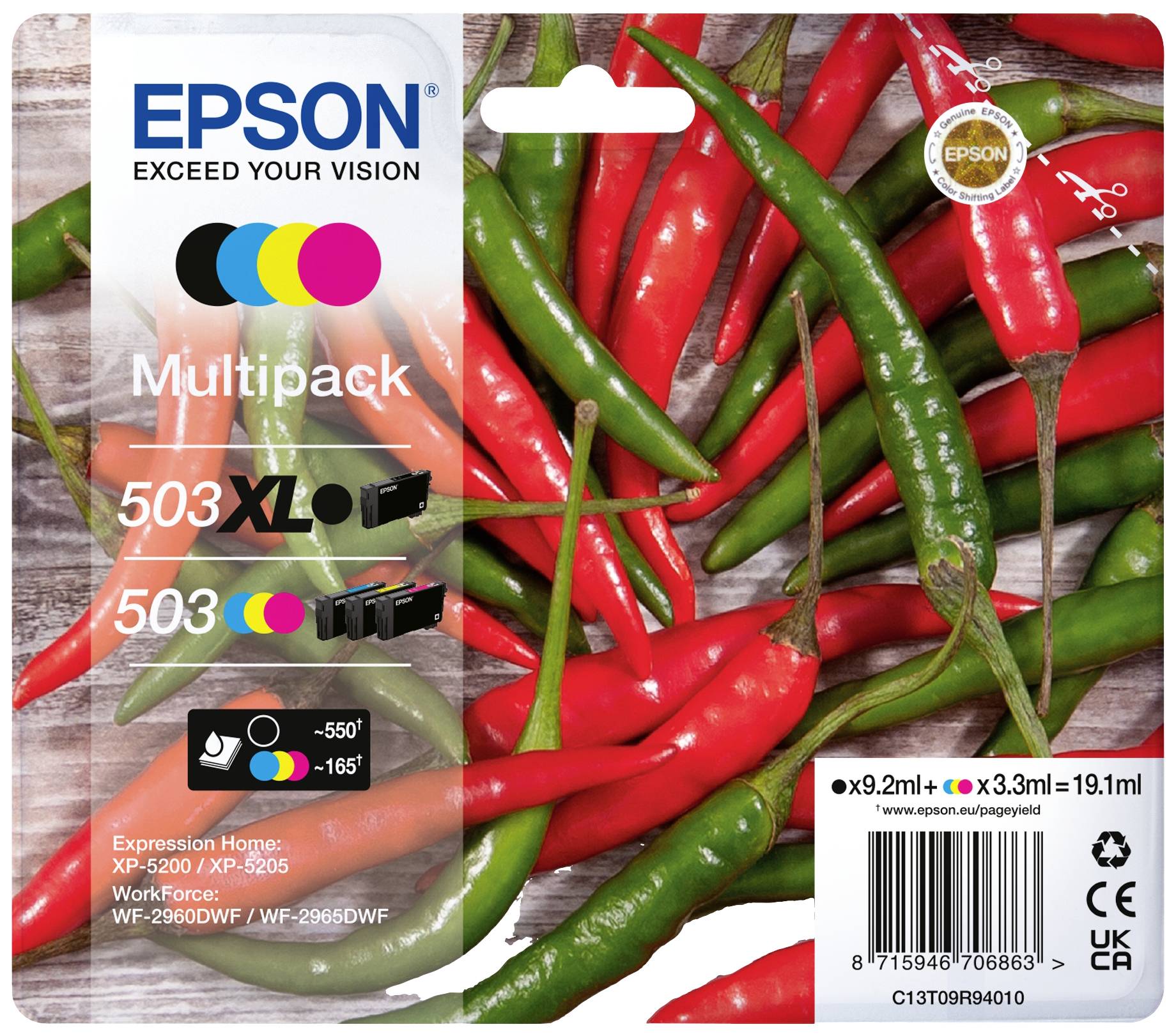 Packaging of Epson 503 multipack ink cartridges against a red and green chilli background. Includes XL and standard cartridges.