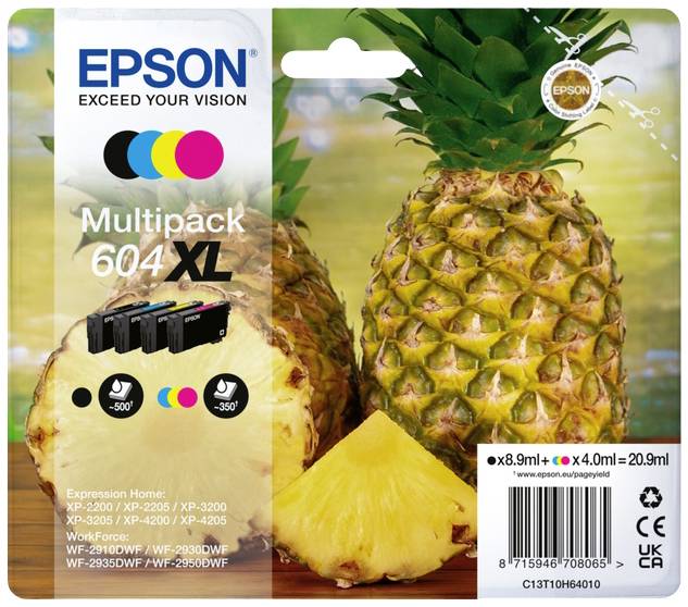 Packaging for Epson Multipack 604 XL printer cartridges with a pineapple and the text 'Exceed Your Vision'. Contains 4 cartridges.