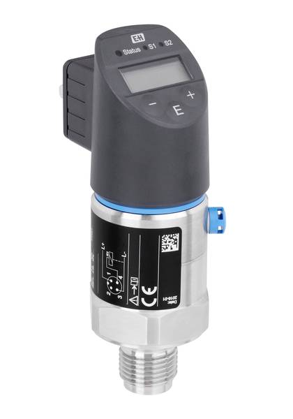 A digital pressure sensor with display and control buttons, suitable for industrial pressure measurement. Connections and calibration information displayed.