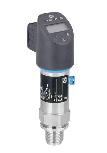 An electronic pressure sensor with a digital display and control buttons. Stainless steel housing with blue screw fitting, suitable for industrial applications.