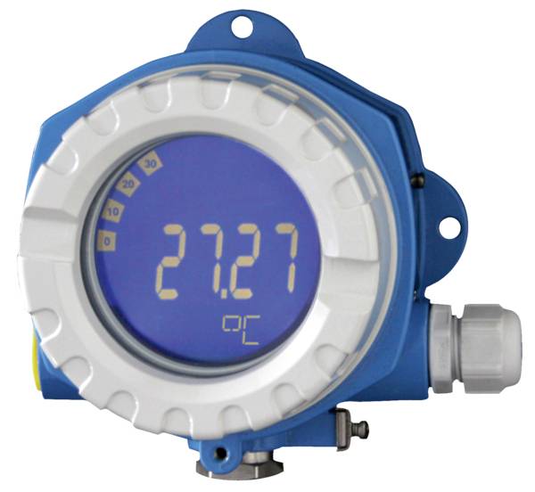 Digital measuring device with a blue casing and display, showing the value '27.27°C'.