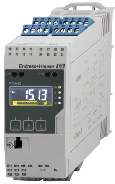 A digital display device from Endress+Hauser with two channels and a display showing '15.13' m³.Note: In British English, decimal numbers use a full stop (.) rather than a comma (,) as the decimal separator.