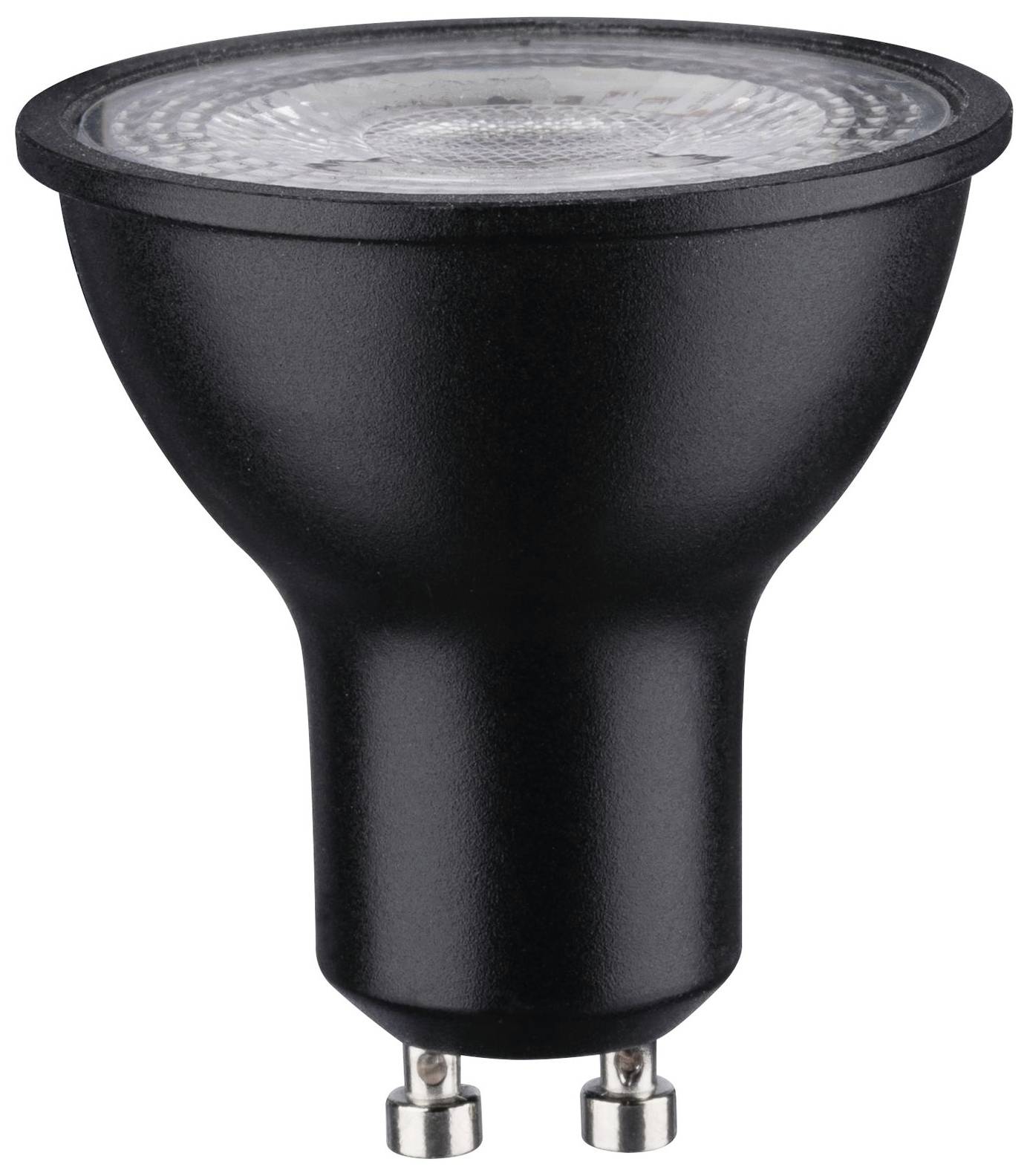 LED spotlight with GU10 socket, black housing, side view, suitable for interior lighting.
