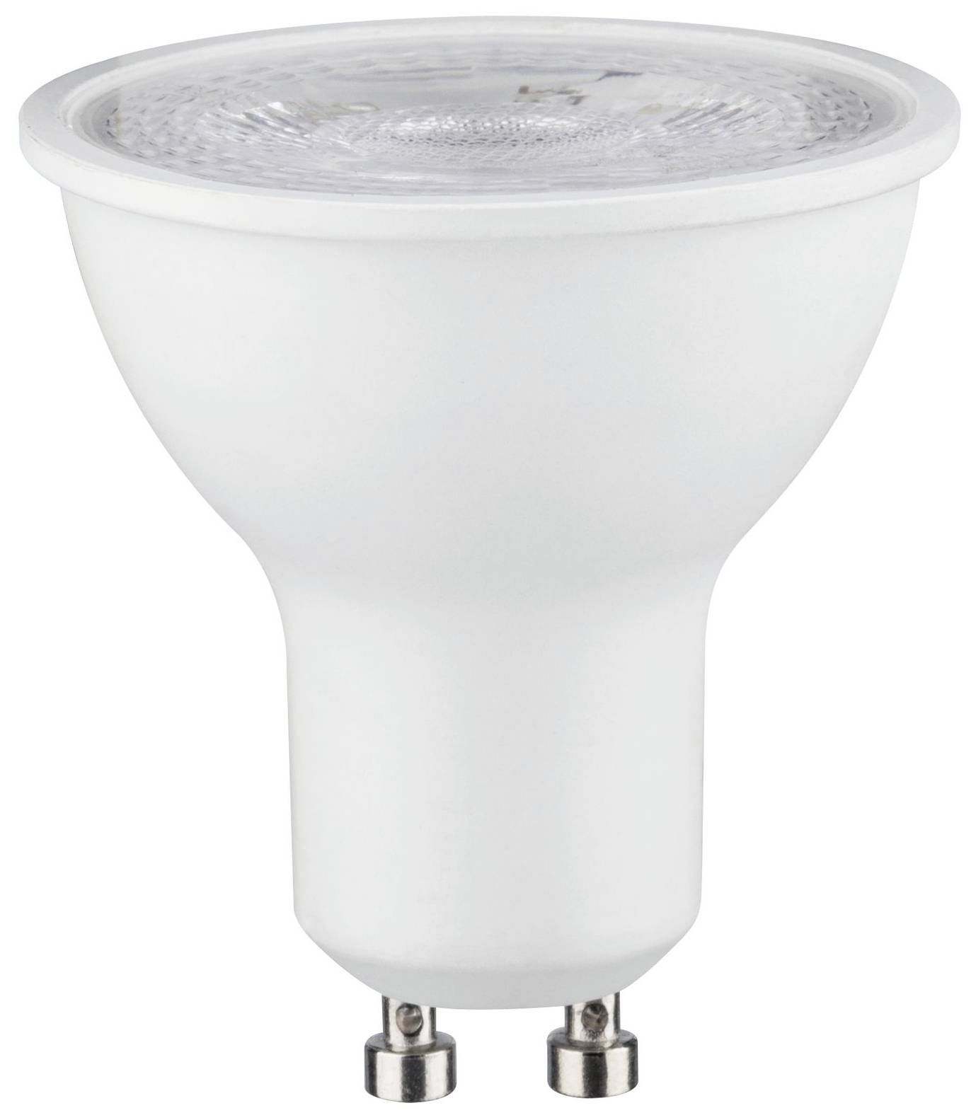 A white LED light bulb with a GU10 base, suitable for energy-saving lighting.