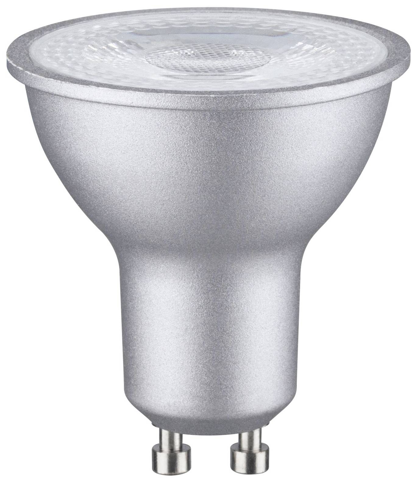 A LED light bulb with a GU10 base, silver housing.