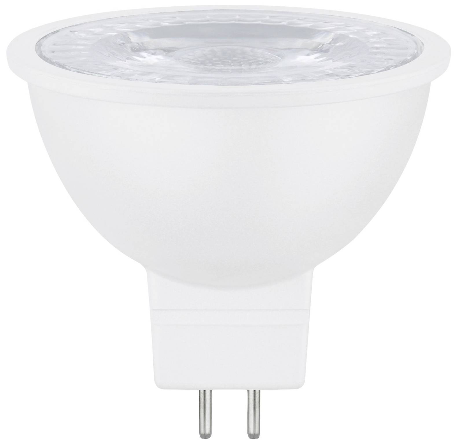 A white LED lamp with a GU5.3 base is shown. It has a round shape and is suitable for use in recessed spotlights.