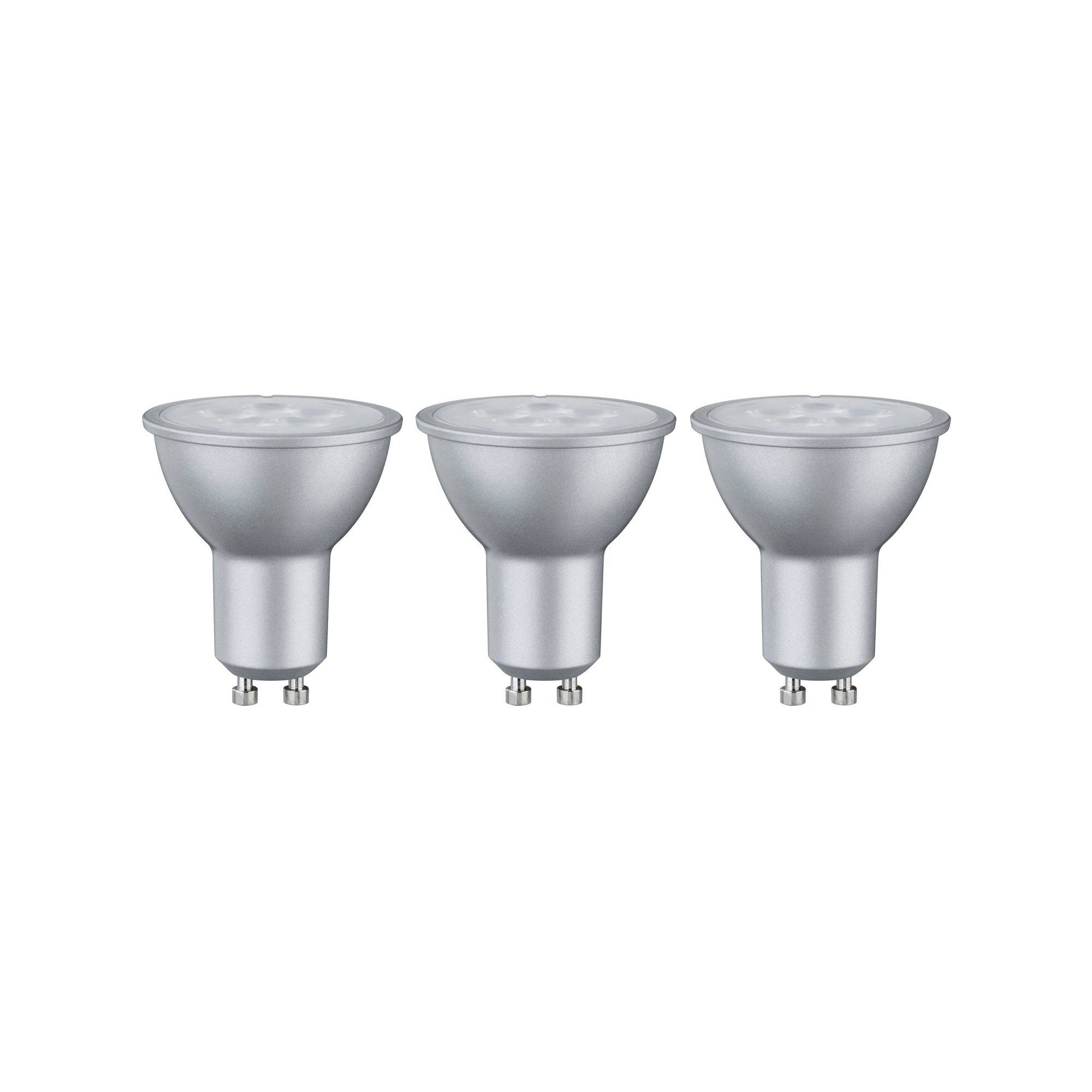 Three silver LED spotlight lamps side by side on a white background. They have a GU10 fitting. Suitable for interior lighting.